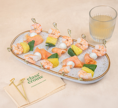 LES BROCHETTES crevettes, saumon