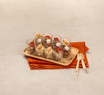 LES VERRINES SALEES SOLEIL D'HIVER- Semoule de chou-fleur, citron, cerfeuil & Risoni, saumon, sauce à l'aneth & Lentilles, quinoa, cranberries, dés de brebis