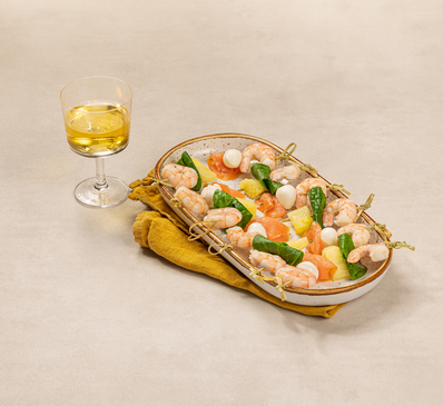 LES BROCHETTES crevettes, saumon